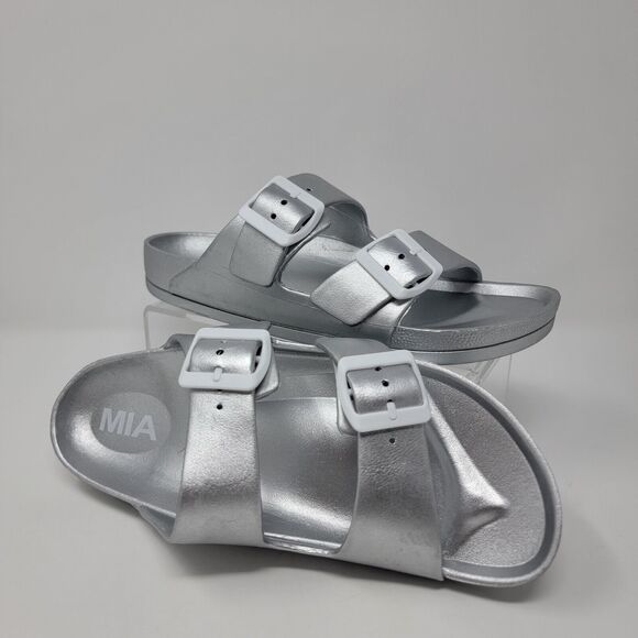 MIA Toulon Sandals Women’s 7 Slip On Two Buckle Comfort Shoe Silver - Picture 12 of 12
